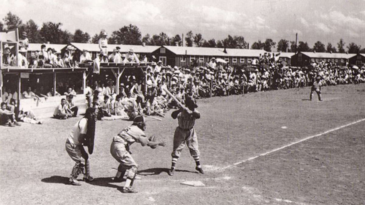 A game in 1943 in an internment camp. (Photo courtesy Kerry Yo Nakagaw/Nisei Baseball Research Project)